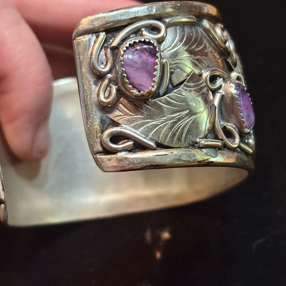 Native American Navajo? Mexican ? cuff bracelet amethyst stones feather design - Picture 10 of 16
